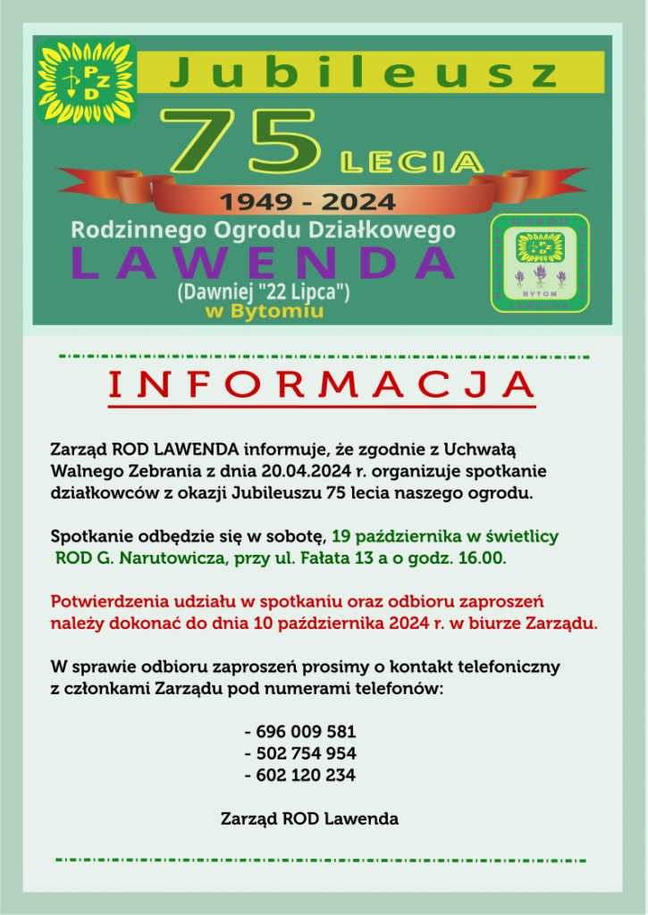 Informacja 75 lat ROD Lawenda